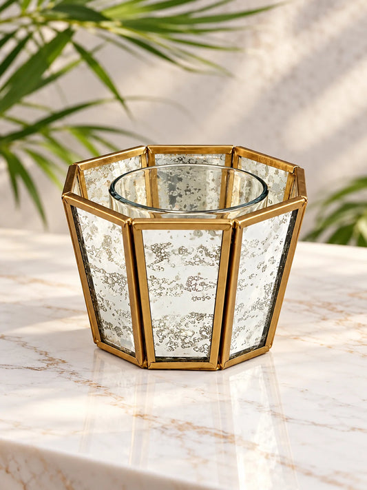 Elegant hexagonal linear tealight candle holder featuring antique design, perfect for luxury home decor and ambient lighting.