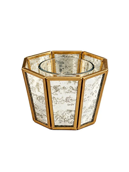 Elegant hexagonal linear tealight candle holder featuring antique design, perfect for luxury home decor and ambient lighting.