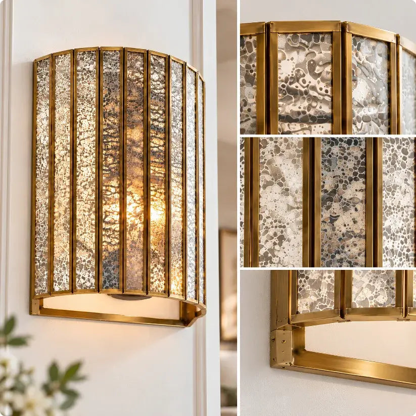 Brass luxury wall lamp featuring silver antique glass, elegant lighting fixture by ILLUMEA for sophisticated interiors