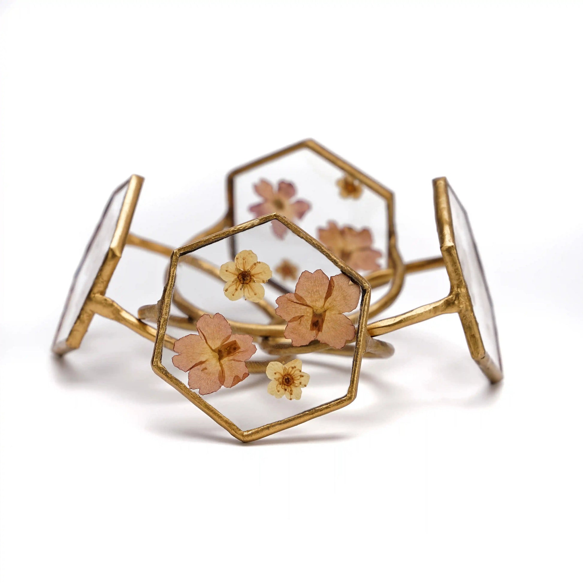 Set of 4 Hexagon Handmade Dried Pressed Flower Glass Napkin Rings - ILLUMEANapkin Ring