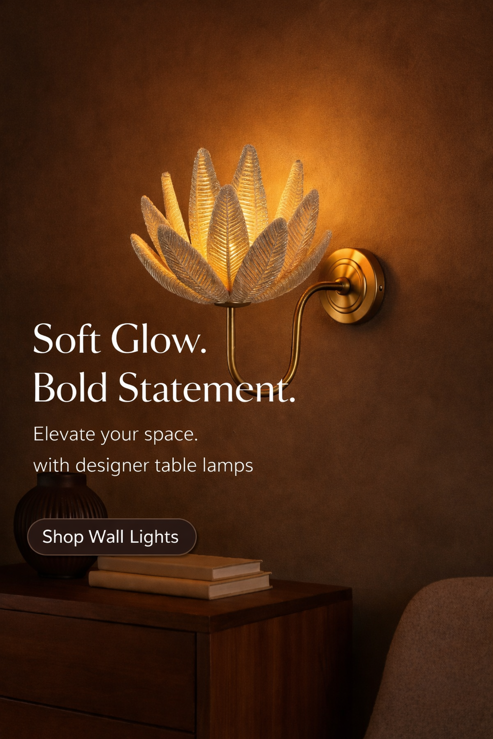 Wall-mounted lamp with soft glow on a warm-toned wall, featuring text about designer table lamps.