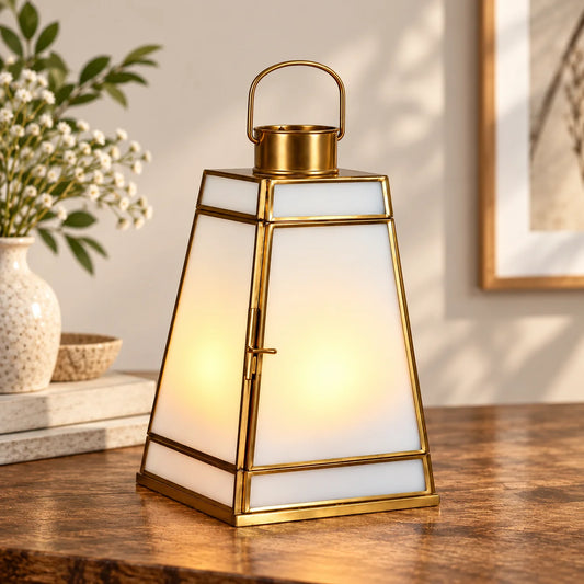 ILLUMEA Taper Lantern White Glass with frosted panels, antique brass detailing and an elegant handle for luxury home décor